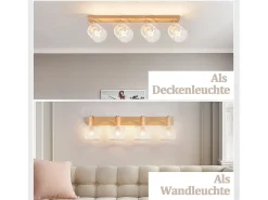 NETTLIFE Plafóndaro de 4 focos, blanco con aspecto de madera - plafóndaro E14 giratorio 350°，máximo 4 bombillas de 25 w, moderno para salón, dormitorio y cocina.