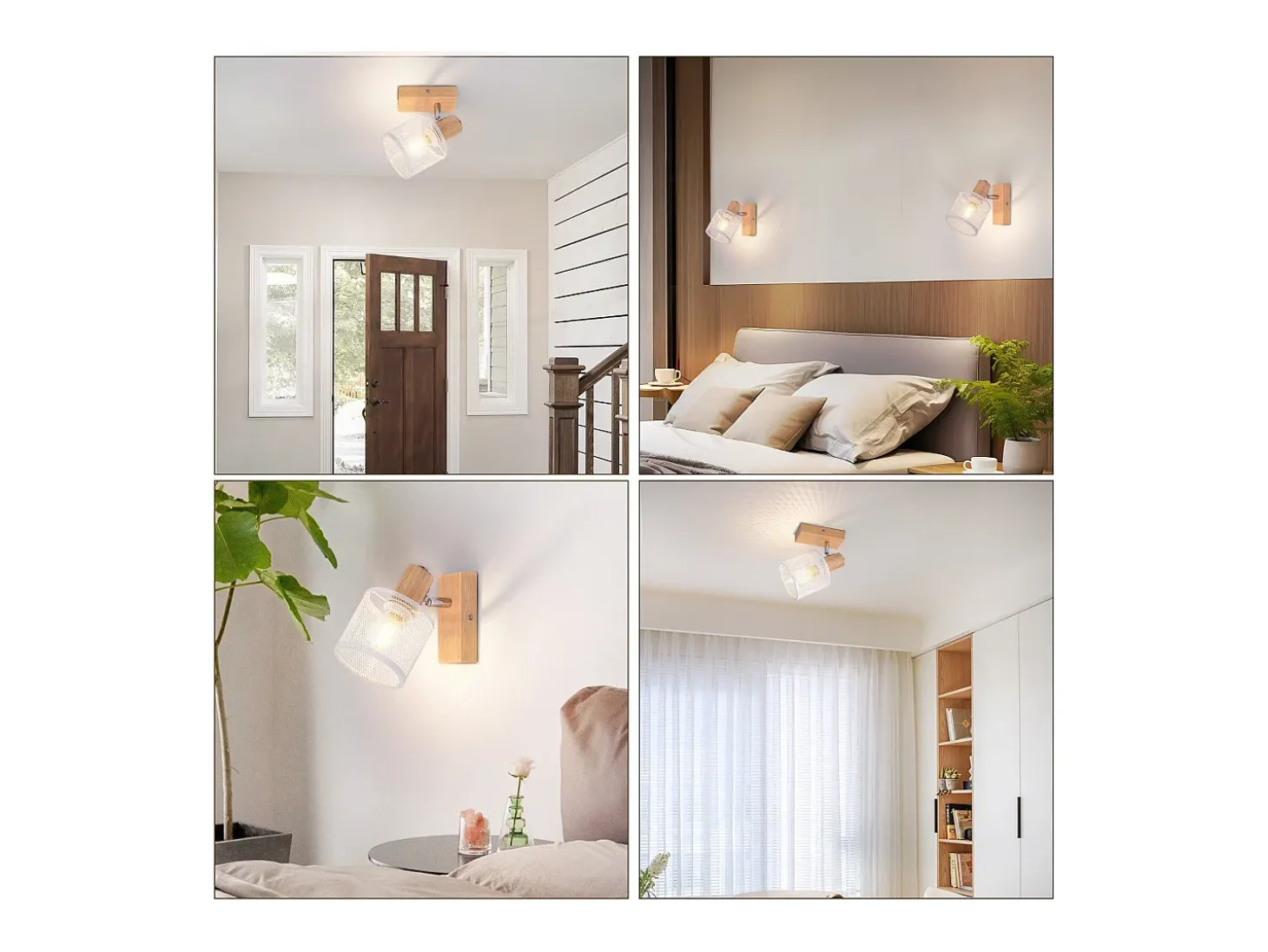 NETTLIFE Plafóner 1 Foco blanco de aspecto de madera - plafóner E14 orientable 350° con un máximo de 4 bombillas de 40w, moderno para sala, dormitorio, cocina.