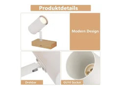 NETTLIFE Plafónero de techo, 1 bombilla, lámpara de pasillo de madera, pasillo blanco, moderno plafónero de metal, GU10, 350° para.