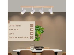 NETTLIFE Plafocéntero de 4 bombillas, plafocéntero de madera blanca GU10 Vintage giratorio 350°