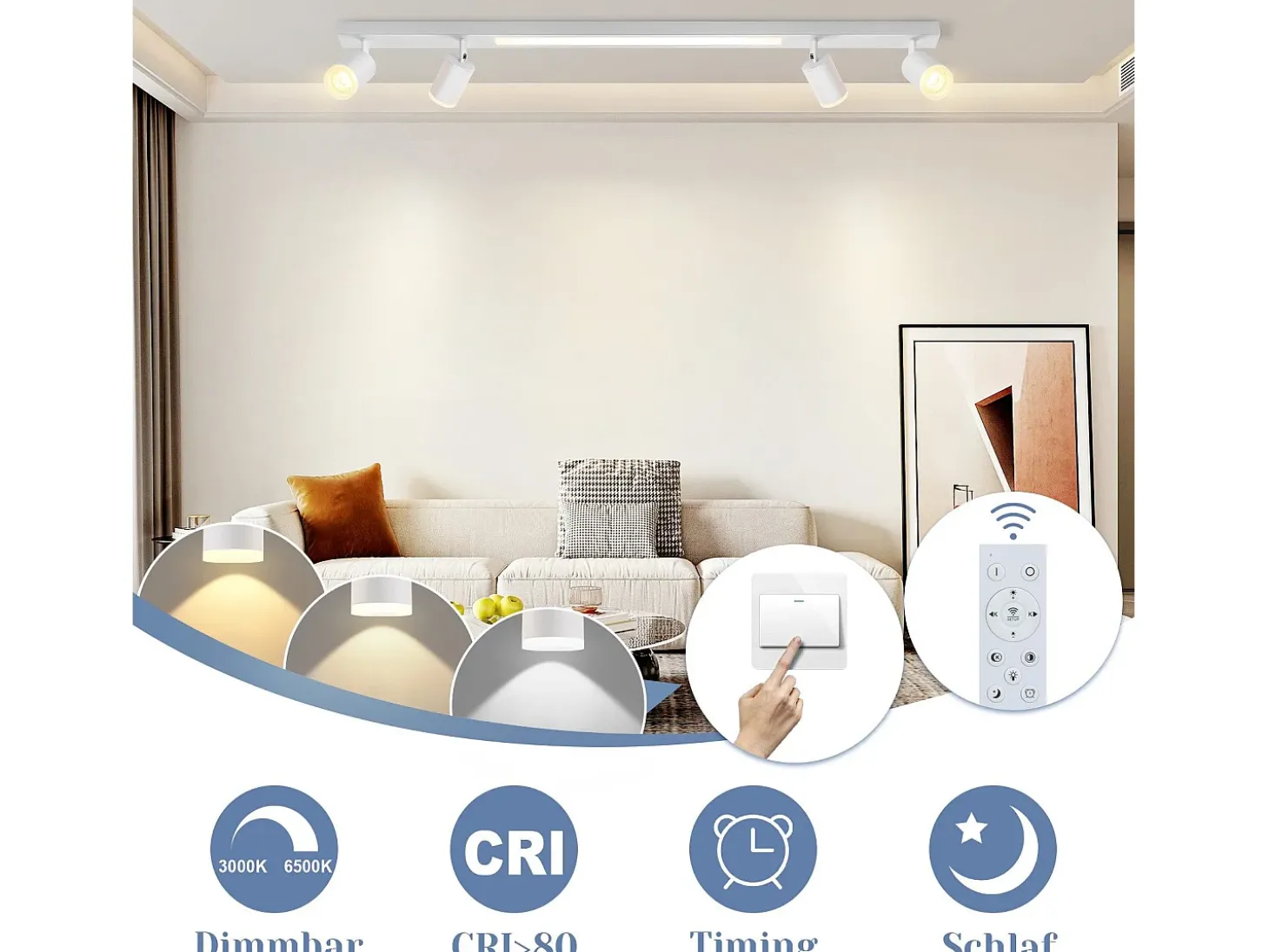 NETTLIFE Plafonario LED de 4 bombillas regulables, 38 W, blanco, con control remoto, 3000K - 6500K, orientable 350°