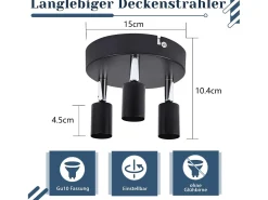 NETTLIFE Plafonero LED GU10 - 3 Focos de Techo Redondeados Modernos, Focos de Techo de 350° para Cocinas, Pasillos, Habitaciones y Salones - Sin Bombilla, Negro.