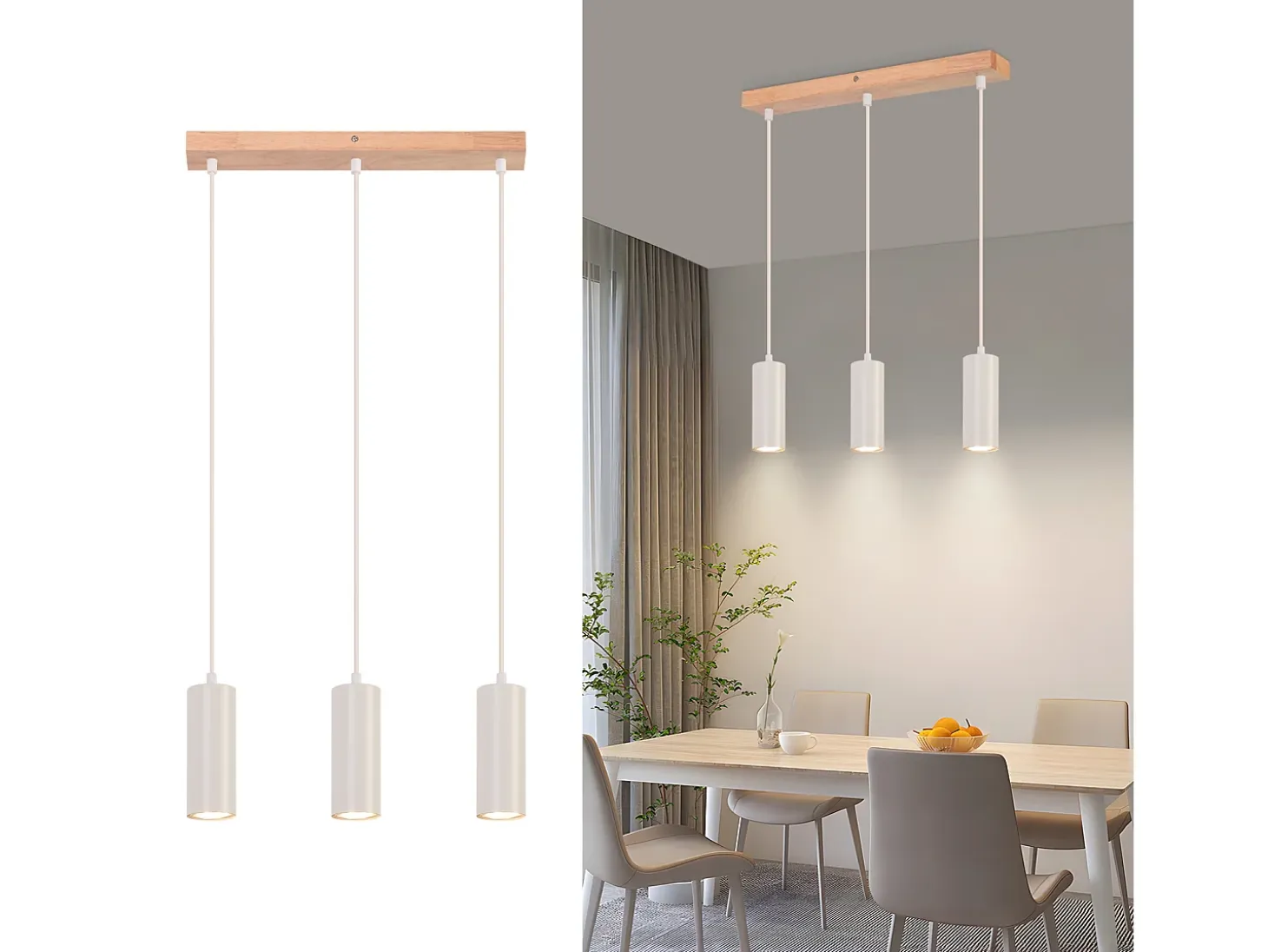 NETTLIFE Suspensión 3 ampollas, lámpara de comedor de madera - lámpara colgante vintage GU10.
