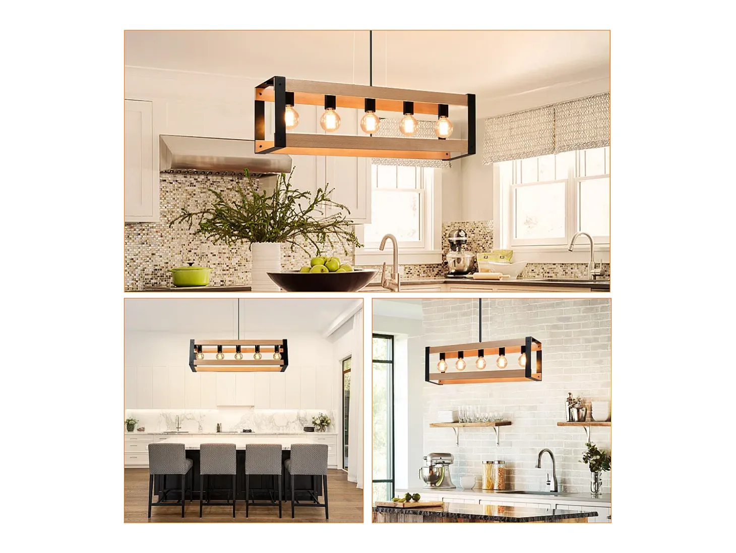 NETTLIFE Suspensión de lámpara para comedor vintage de madera negra E27, 5 llamas, mesa para comer industrial.