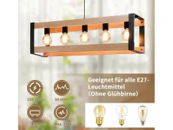 NETTLIFE Suspensión de lámpara para comedor vintage de madera negra E27, 5 llamas, mesa para comer industrial.