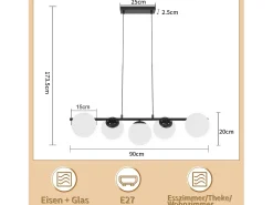 NETTLIFE, Suspensión negra E27, lámpara de techo de vidrio, lámpara de 5 llamas para comedor moderna de 150 cm.