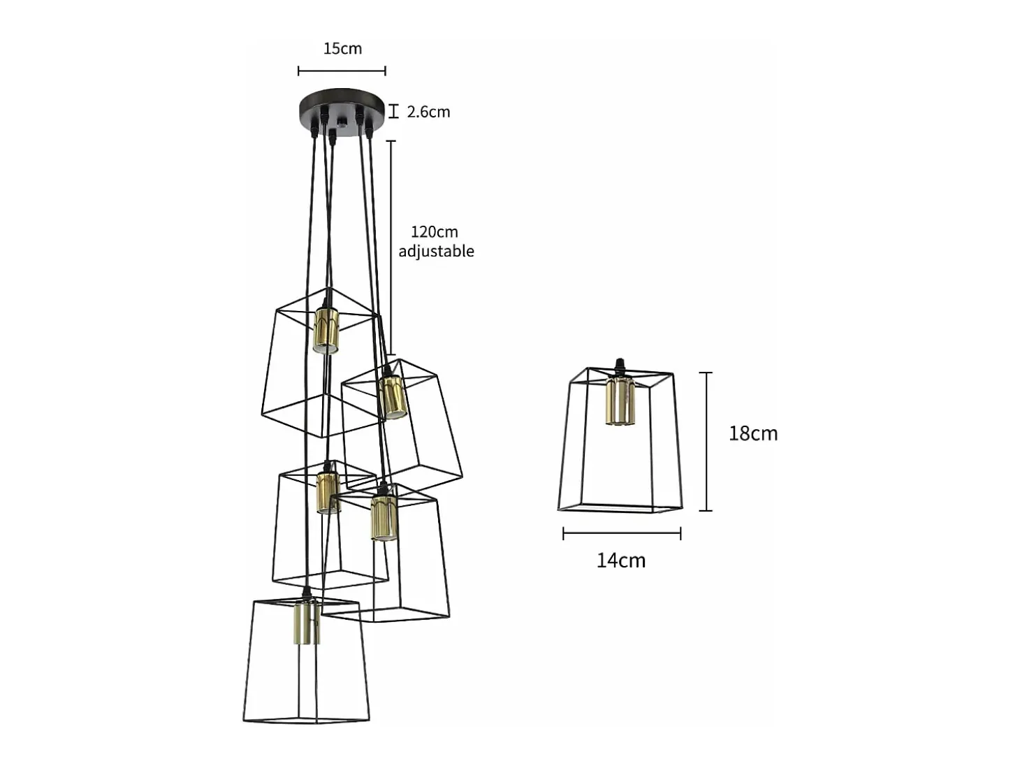 NETTLIFE Suspensión vintage negra, 5 lámparas regulables en altura, de metal, E27 industrial.