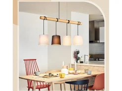 Nettlife Suspension 4 Ampollas E27 Vintage Diam.80cm multicolor Madera con Tela pantalla para Comedor, Salón, Oficina