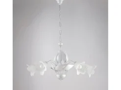 Olga - Lámpara de araña de hierro lacado en blanco con decoración. Difusores de plata antigua y cristal d. 14 alabastro blanco 5 luces 103 - Ø68