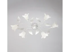 Olga - Lámpara de techo en hierro lacado en blanco con decoración. Difusores de plata antigua y cristal d. 14 alabastro blanco 6 luces L. 70 X 52