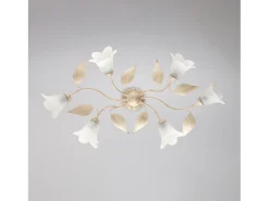 Olga - Lámpara de techo en hierro lacado marfil con decoración. Difusores de oro antiguo y cristal d. 14 alabastro blanco 6 luces L. 70 X 52