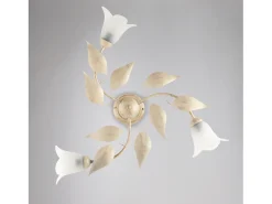 Olga - Lámpara de techo en hierro lacado marfil con decoración. Difusores de oro antiguo y cristal d. 14 alabastro blanco 3 luces H.20 - Ø67