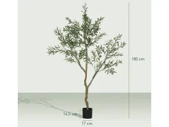 Olivo artificial 180 cm, planta en maceta, plástico, verde, con musgo y césped artificial (17x17x180 cm)