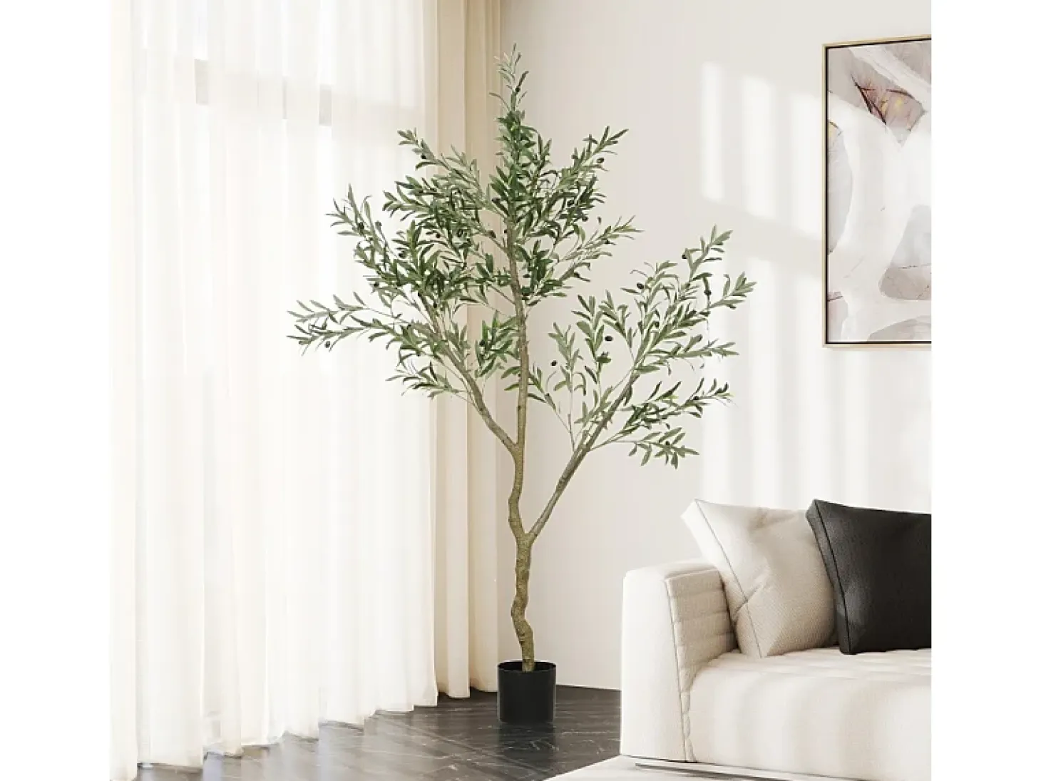 Olivo artificial 180 cm, planta en maceta, plástico, verde, con musgo y césped artificial (17x17x180 cm)