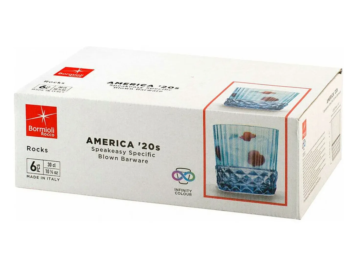 Pack de 6 vasos America 20's Bormioli 30cl con relieve azul