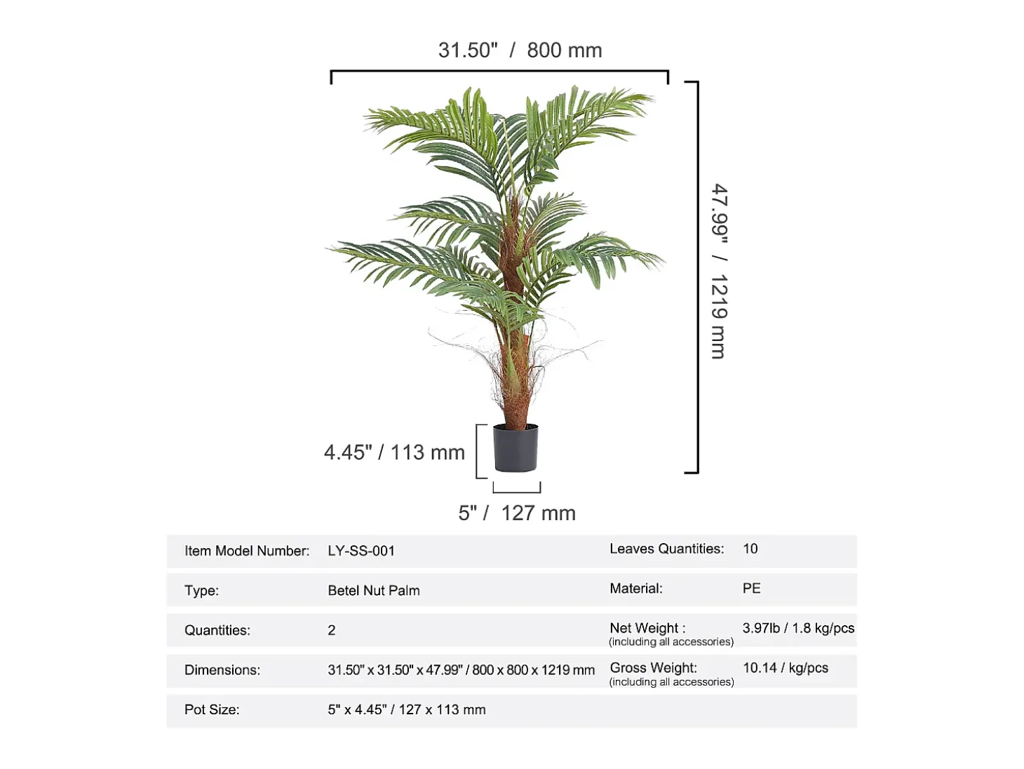 Palmera Areca Artificial de 1.22m de SucceBuy, Planta de Nuez de Betel Artificial Realista