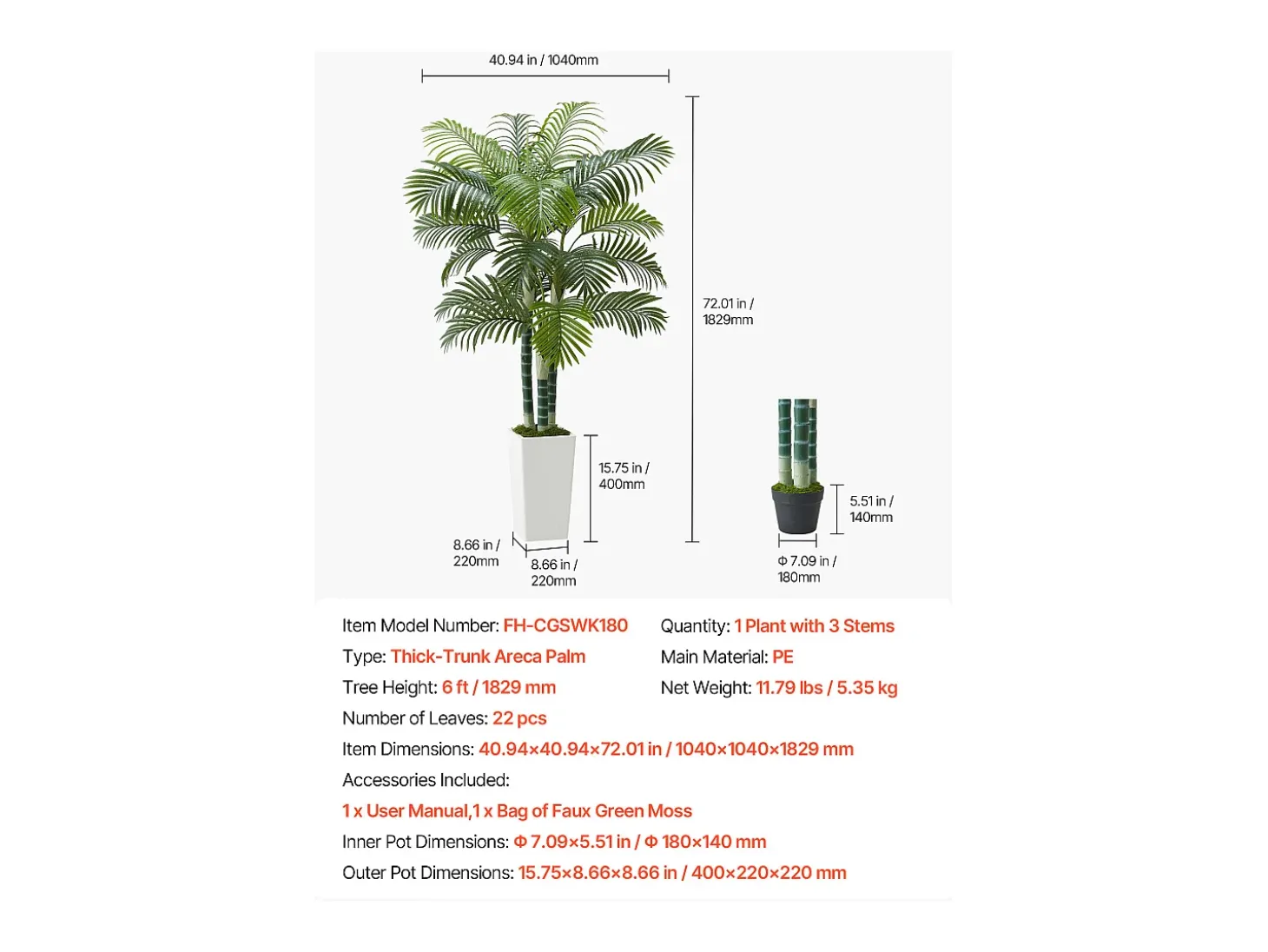 Palmera Artificial Areca SucceBuy, 1,8 m, Planta Artificial Tropical en Maceta Blanca, Falso Árbol Tropical Palmera Areca Tronco Grueso,para Decoración