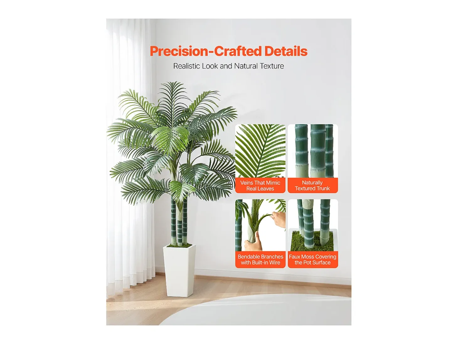 Palmera Artificial Areca SucceBuy, 1,8 m, Planta Artificial Tropical en Maceta Blanca, Falso Árbol Tropical Palmera Areca Tronco Grueso,para Decoración