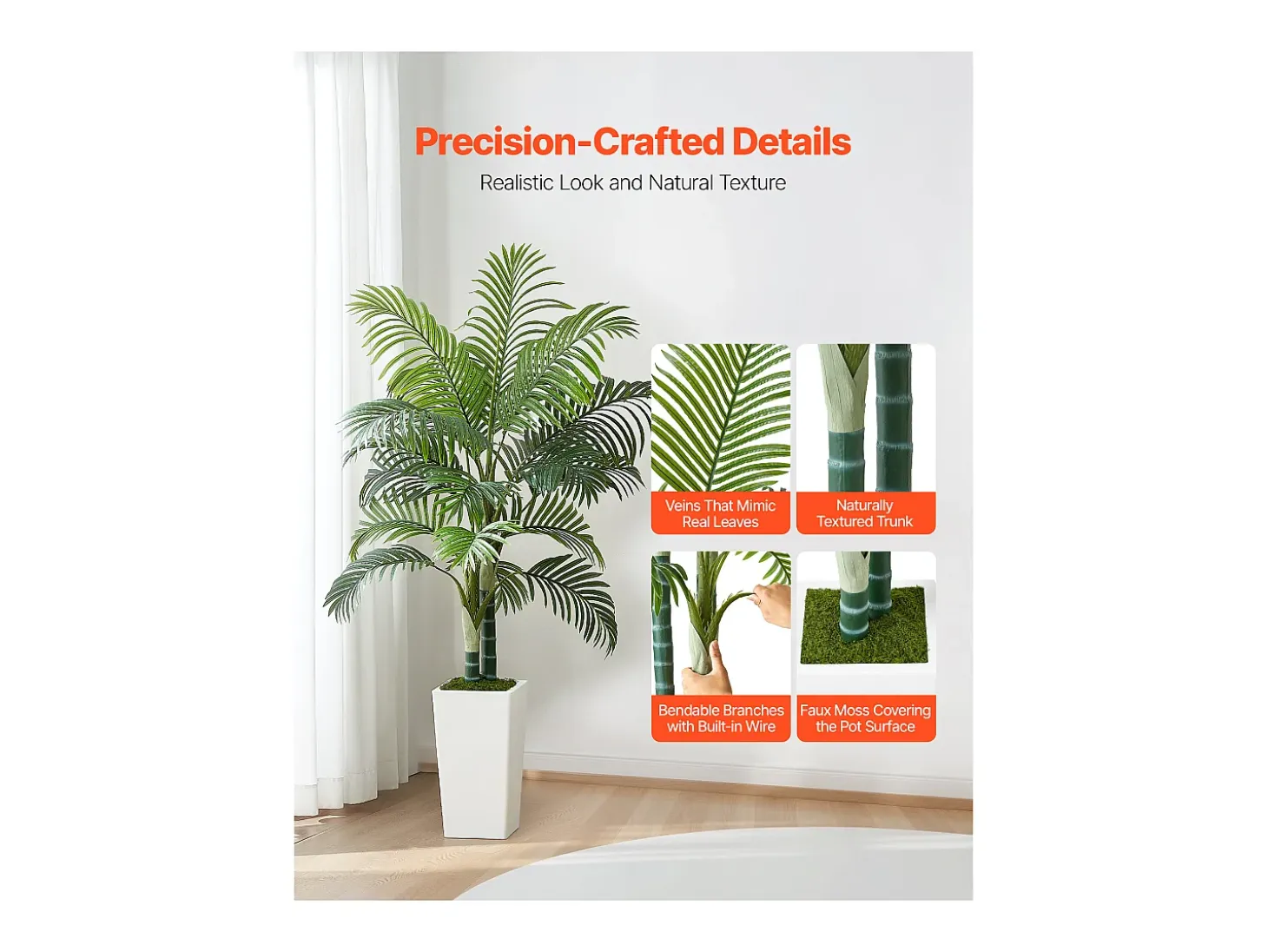 Palmera Artificial Areca SucceBuy, 1,5 m, Planta Artificial Tropical en Maceta Blanca, Falso Árbol Tropical Palmera Areca Tronco Grueso, Planta Falsa para Oficina