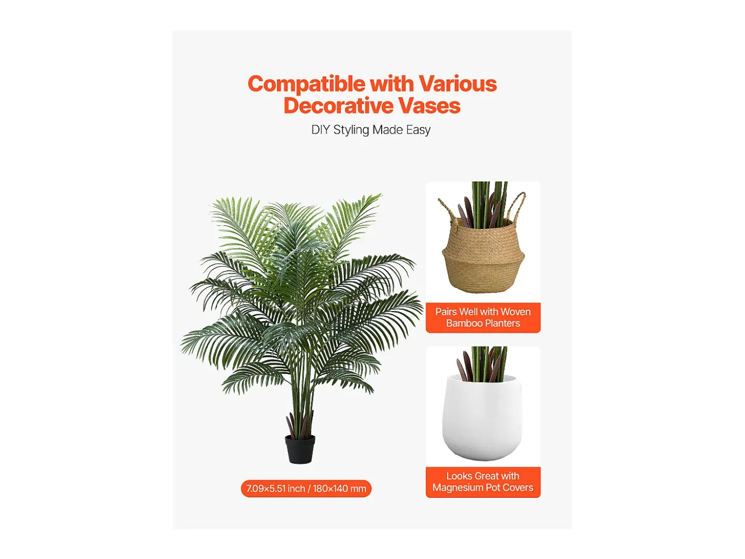 Palmera Artificial Areca SucceBuy, 1,8 m, Planta Artificial Tropical en Maceta Blanca, Falso Árbol Tropical Palmera Areca, Planta Falsa para Salón