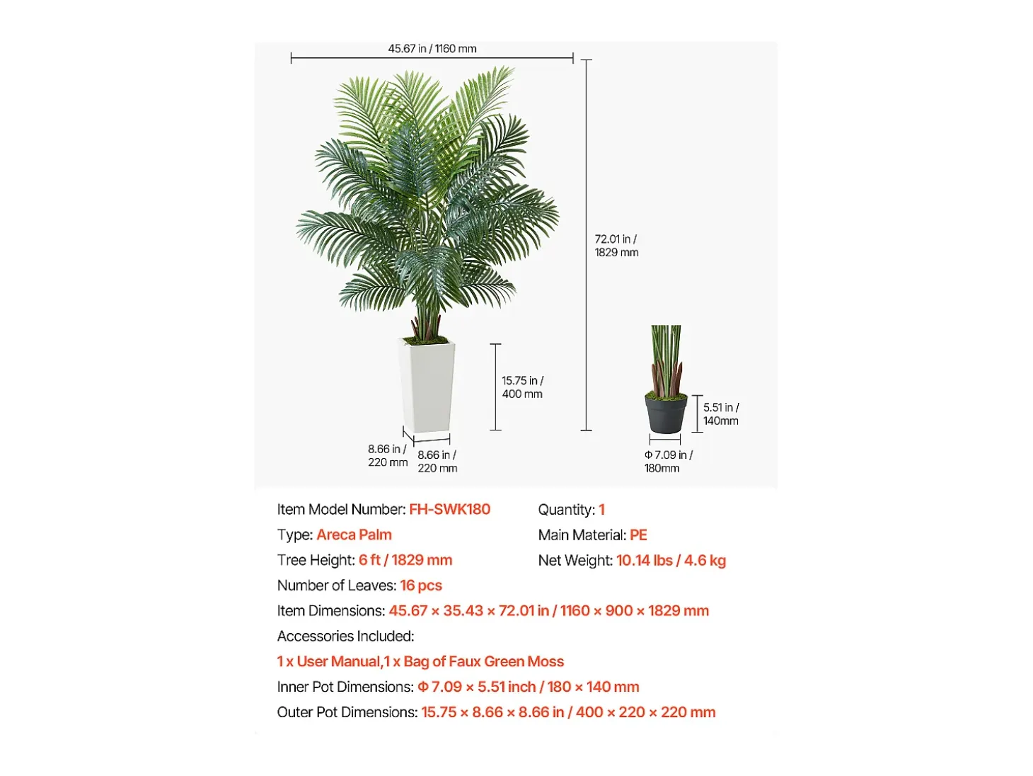 Palmera Artificial Areca SucceBuy, 1,8 m, Planta Artificial Tropical en Maceta Blanca, Falso Árbol Tropical Palmera Areca, Planta Falsa para Salón