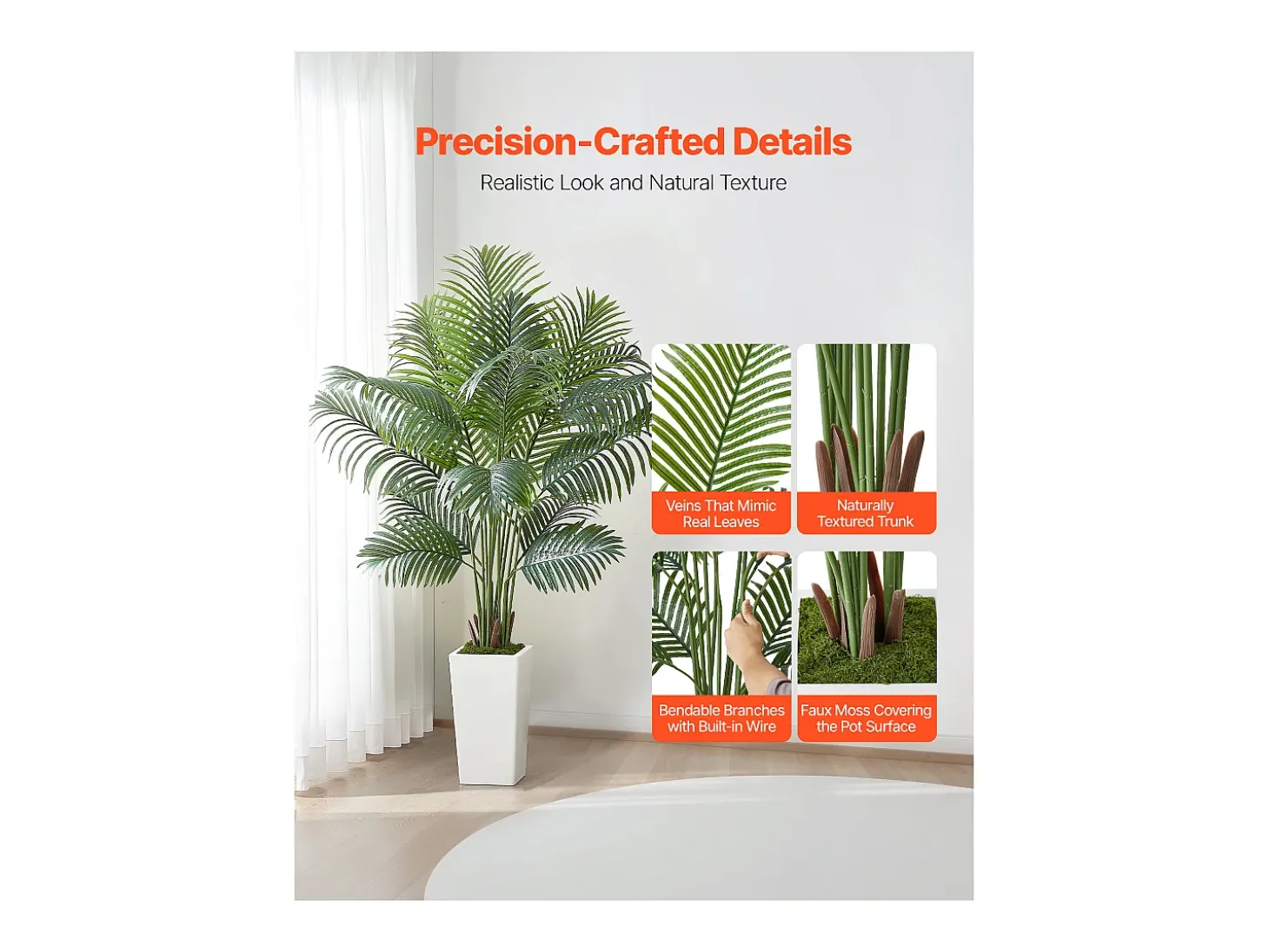 Palmera Artificial Areca SucceBuy, 1,8 m, Planta Artificial Tropical en Maceta Blanca, Falso Árbol Tropical Palmera Areca, Planta Falsa para Salón