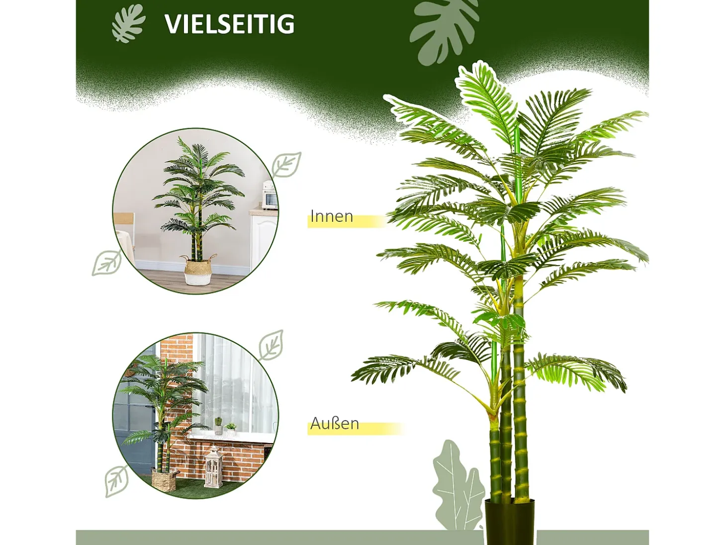 Palmera artificial de 190 cm, planta decorativa de plástico, con maceta, para salón, dormitorio y oficina, color verde (19,5 x 19,5 x 190 cm)