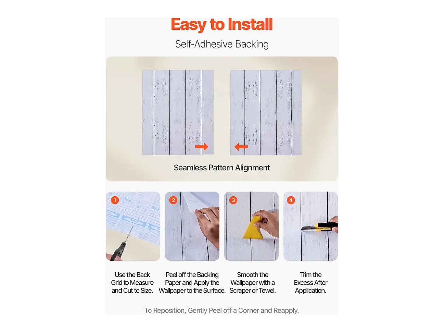 Papel Pintado Adhesivo de Pared SucceBuy, 45 cm x 15 m, Rollo Papel Pintado Autoadhesivo en Vinilo, Motivo Textura Madera Blanca, Impermeable