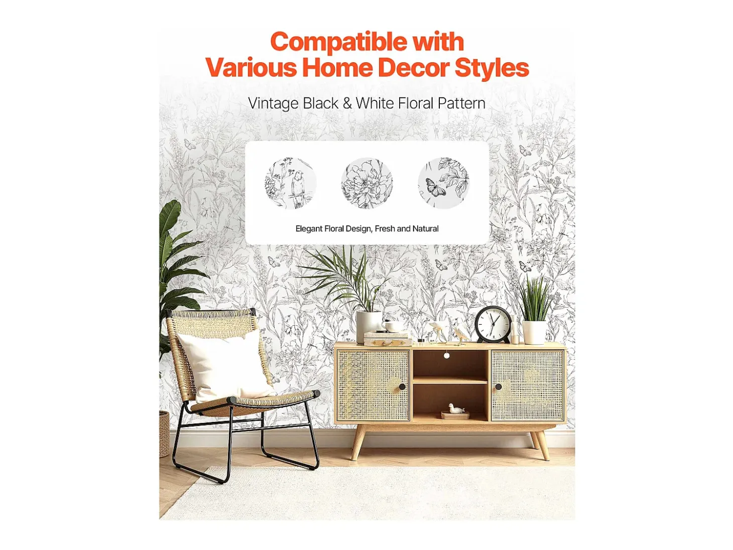Papel Pintado Adhesivo de Pared SucceBuy, 45 cm x 10 m, Rollo Papel Pintado Autoadhesivo Vinilo, Motif Floral Botánico Blanco, Impermeable