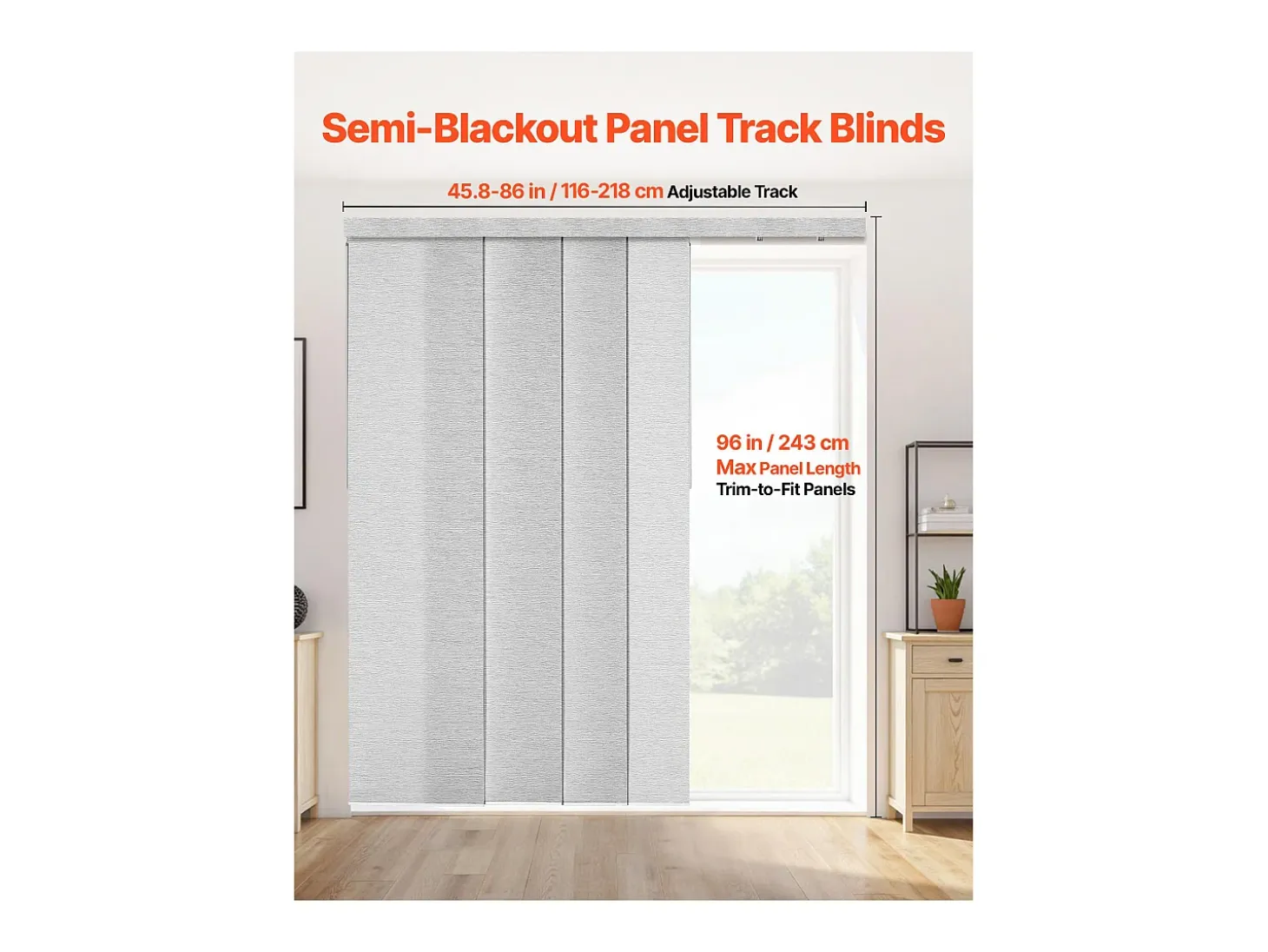 Persiana de Paneles SucceBuy con Riel Extensible, 116-218 cm de Ancho, Panel Japonés Vertical Ajustable hasta 243 cm de Altura, Gris