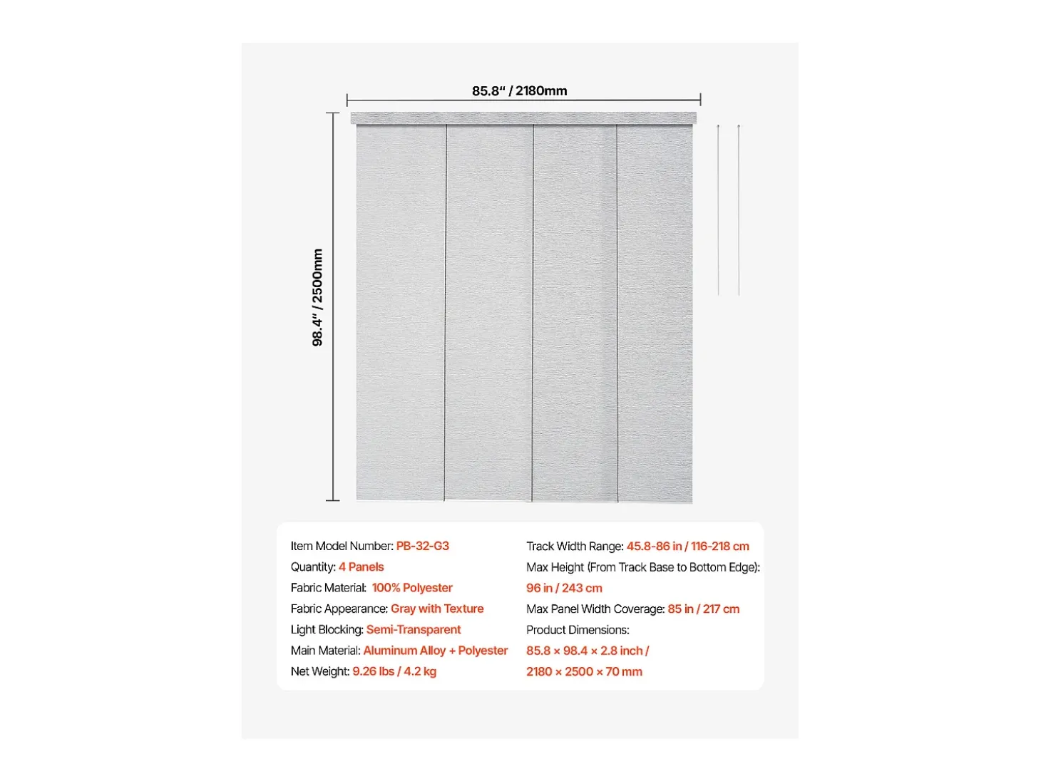 Persiana de Paneles SucceBuy con Riel Extensible, 116-218 cm de Ancho, Panel Japonés Vertical Ajustable hasta 243 cm de Altura, Gris