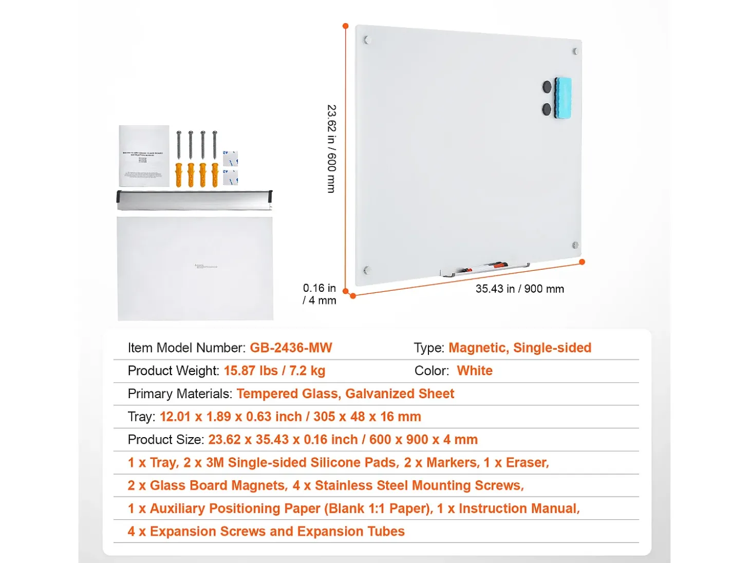 Pizarra Magnética de Cristal SucceBuy, 90 x 60cm, Borrado en Seco Sin Marco