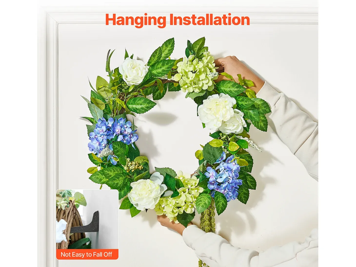 Planta Artificial, SucceBuy Corona Artificial de 58 cm (Azul/Blanco/Verde con Hortensias y Rosas)