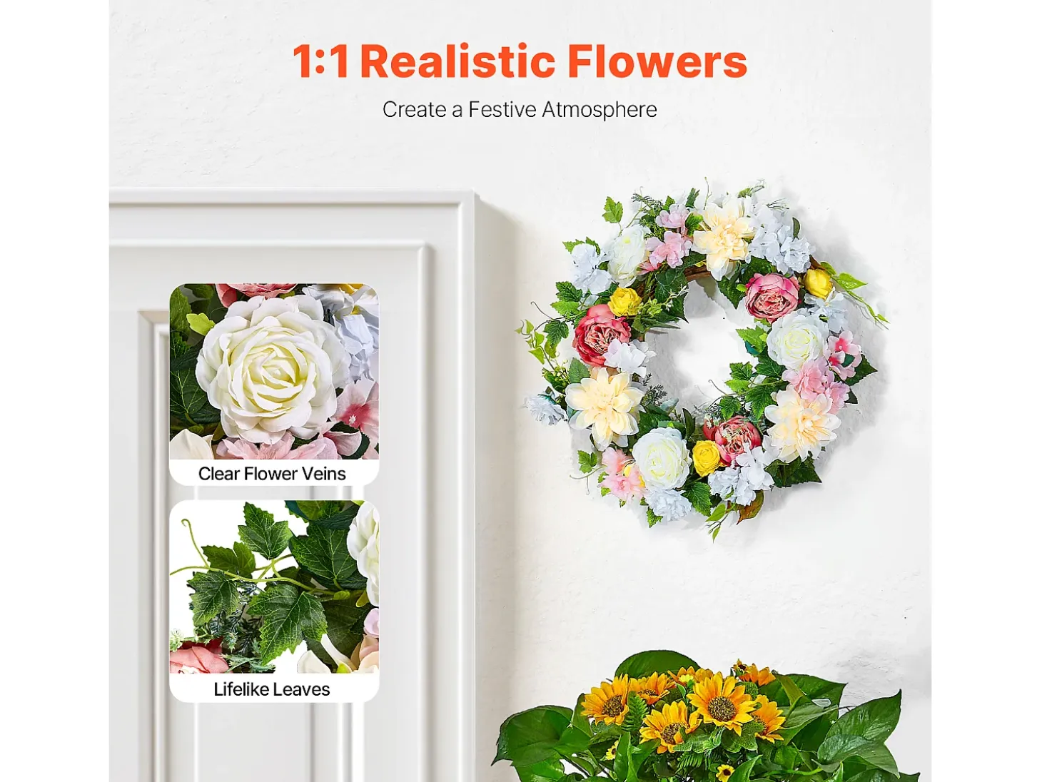 Planta Artificial, SucceBuy Corona Artificial de 61 cm (Peonías Blancas, Hortensias Amarillas y Rosas)
