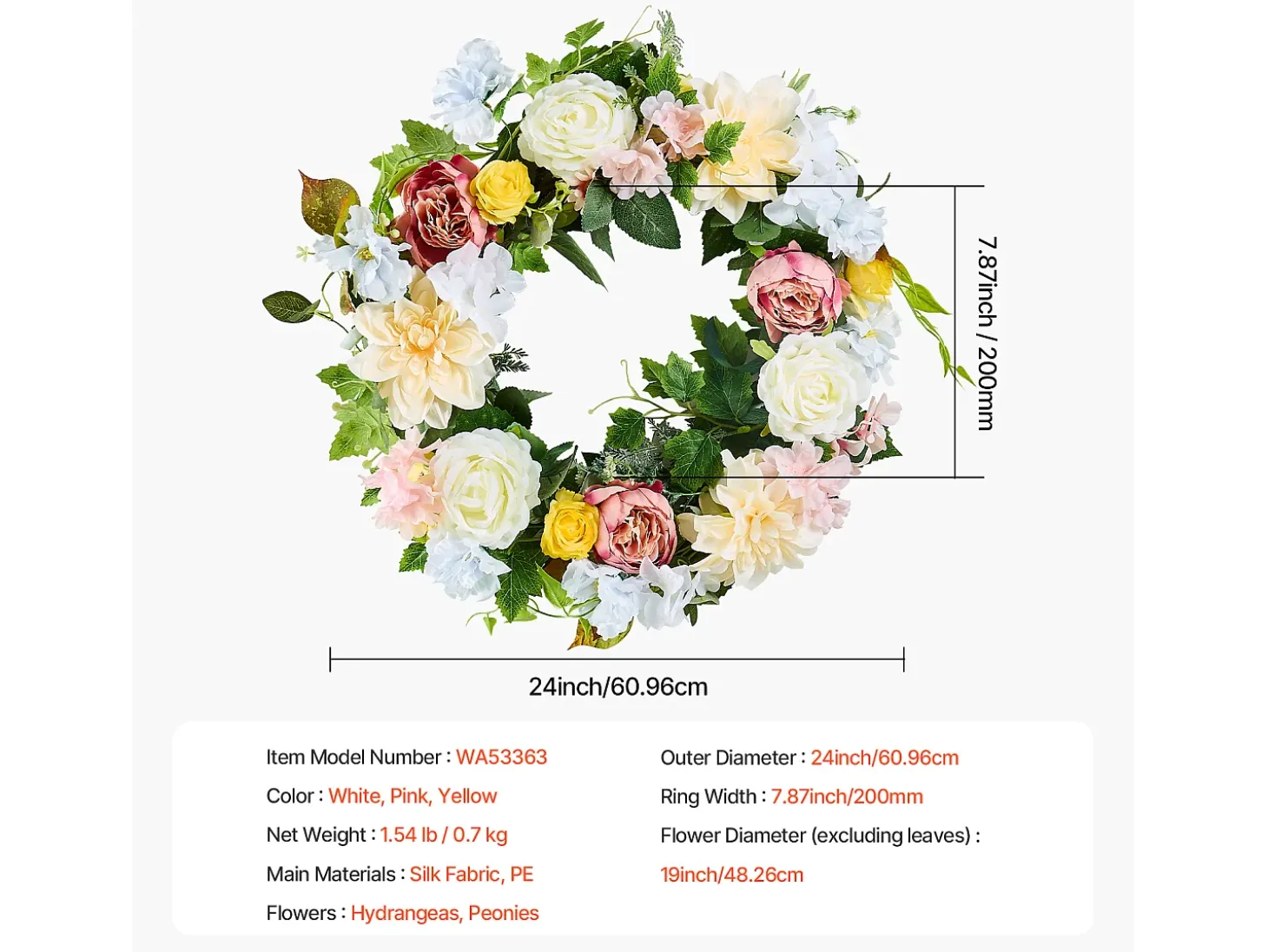 Planta Artificial, SucceBuy Corona Artificial de 61 cm (Peonías Blancas, Hortensias Amarillas y Rosas)