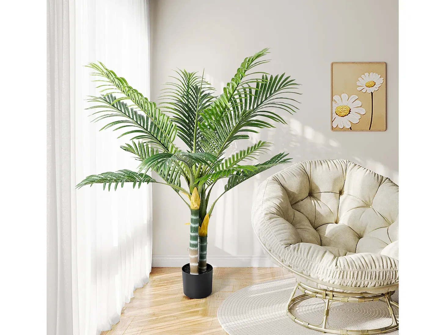 Planta verde artificial - palma en maceta H 120 cm - palma muy realista - 2 troncal y 15 sábanas - con maceta