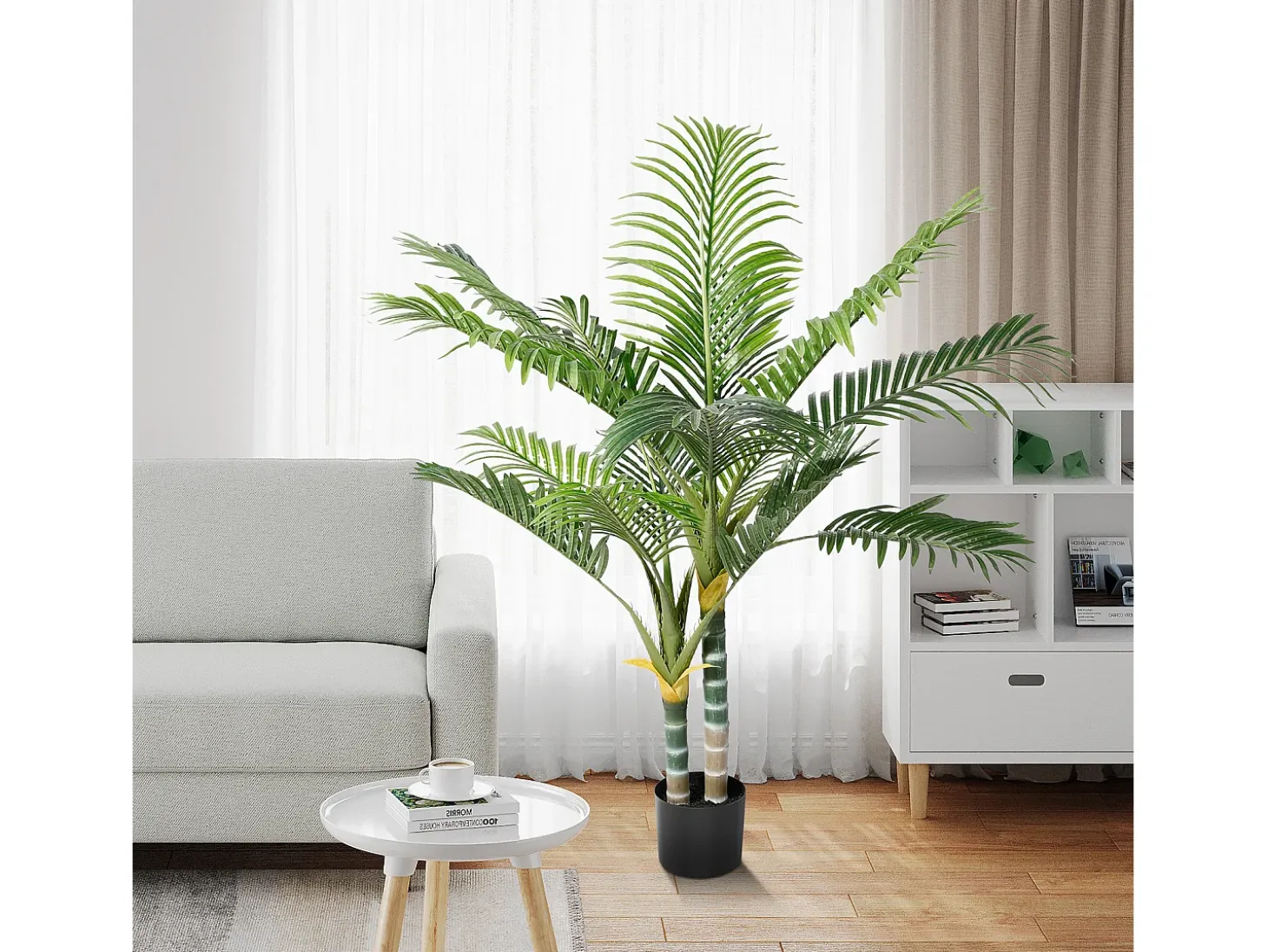Planta verde artificial - palma en maceta H 120 cm - palma muy realista - 2 troncal y 15 sábanas - con maceta