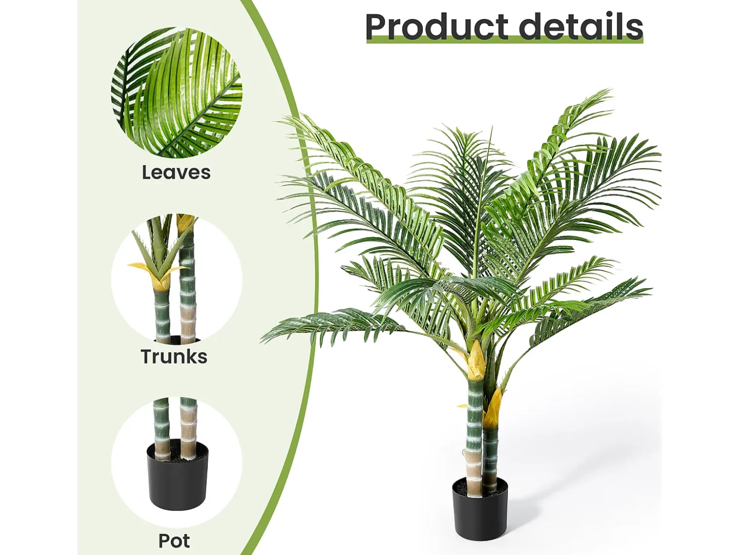 Planta verde artificial - palma en maceta H 120 cm - palma muy realista - 2 troncal y 15 sábanas - con maceta