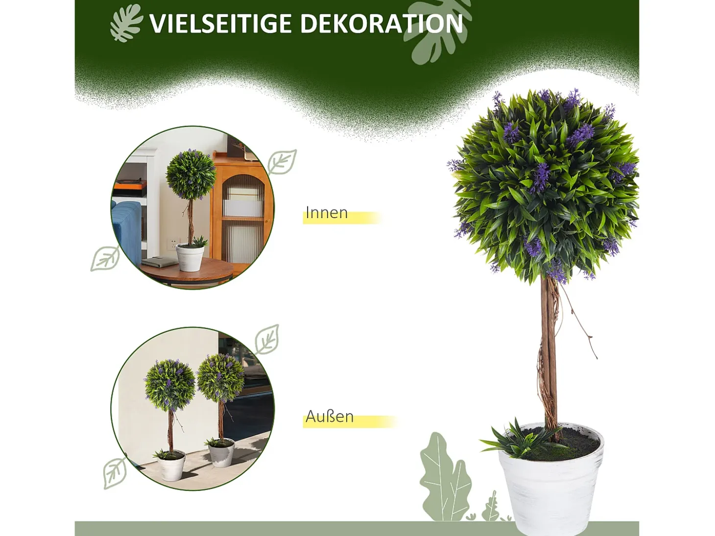 Plantas artificiales de lavanda, 2 piezas, con maceta y musgo artificial, 60 cm, verde (24 x 24 x 60 cm)