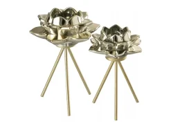 Portavelas de pie de flor en vidrio dorado de 18 cm de altura
