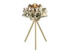 Portavelas de pie de flor en vidrio dorado de 18 cm de altura