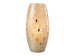 Portavelas ovalado de mosaico de vidrio beige 16x16x35cm