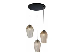 Prisma Suspensión en hierro lacado negro con cables eléctricos orientables y difusores de cristal soplado color ámbar con dec. relieve 3 luces 135 Ø47