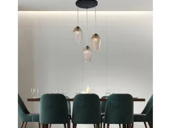 Prisma Suspensión en hierro lacado negro con cables eléctricos orientables y difusores de cristal soplado color ámbar con dec. relieve 3 luces 135 Ø47