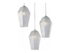 Prisma Suspensión en hierro lacado blanco con cables eléctricos orientables y difusores de cristal soplado transparente con dec. 3 luces en relieve