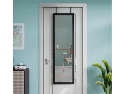 Puerta de la pared colgante de espejo 110x33cm, longitud del espejo completo en vidrio templado con 2 ganchos de suspensión para puerta, altura ajustable - negro