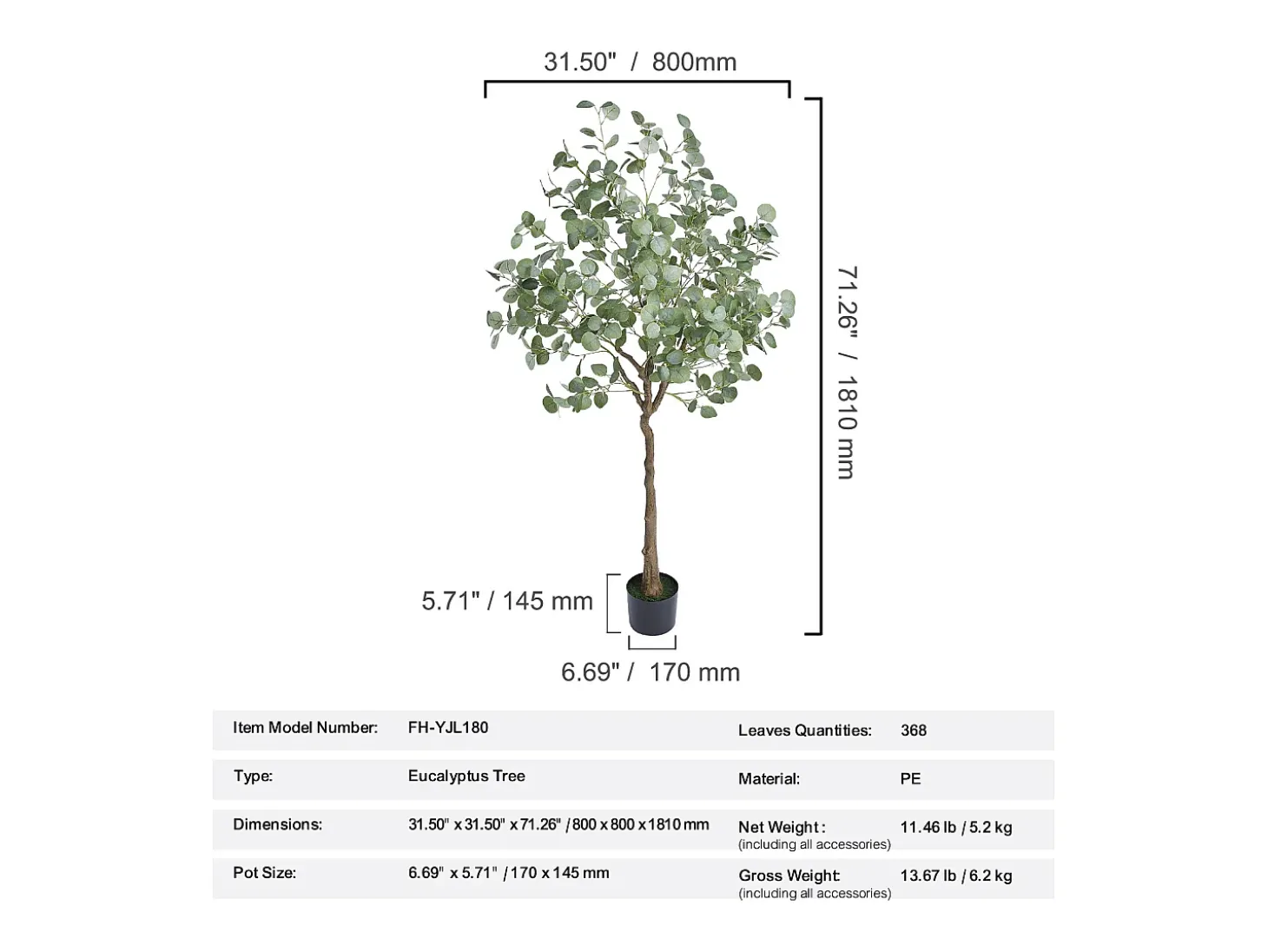 Árbol Artificial SucceBuy 181 cm, Planta Artificial PE, para Casa Oficina Centros Comerciales Interior Exterior