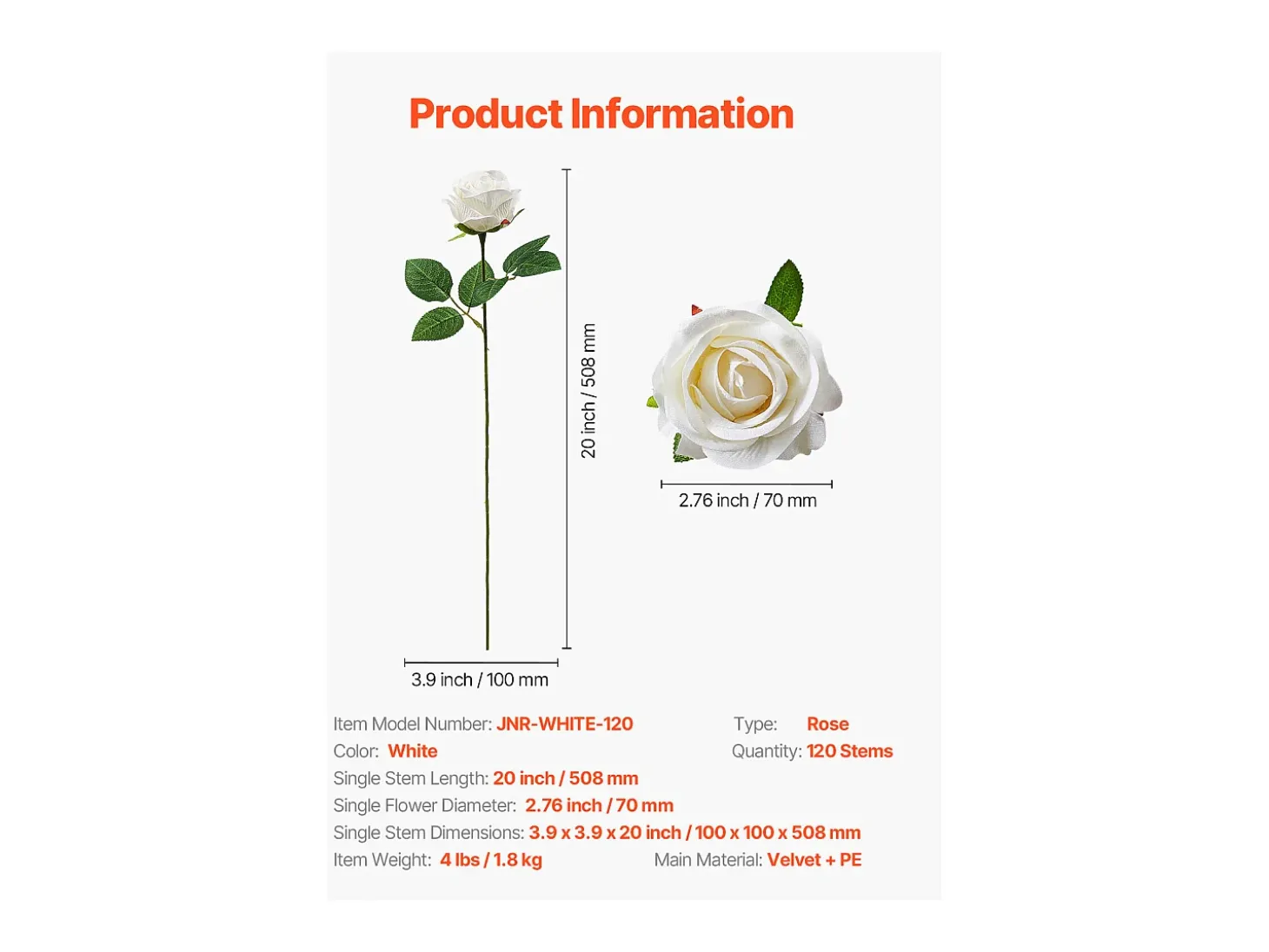 Rosa Artificial SucceBuy Flores Artificiales 508 mm, Ramos de Flores Artificiales Aspecto Realista con Cabeza de Rosa de 70 mm, Lote de 120, Blanco