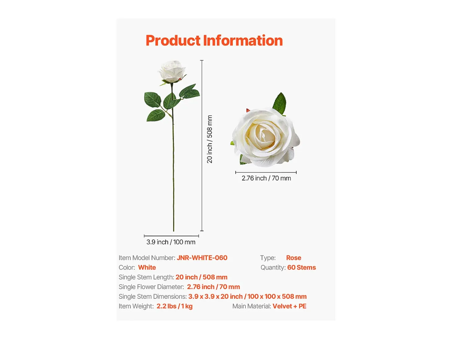 Rosa Artificial SucceBuy Flores Artificiales 508 mm, Ramos de Flores Artificiales Aspecto Realista con Cabeza de Rosa de 70 mm, Lote de 60, Blanco