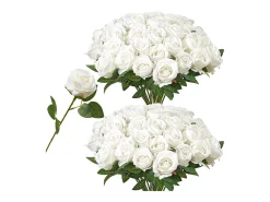 Rosa Artificial SucceBuy Flores Artificiales 508 mm, Ramos de Flores Artificiales Aspecto Realista con Cabeza de Rosa de 70 mm, Lote de 60, Blanco